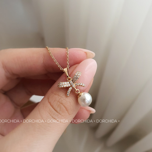 پلاک زنجیر پاپیون مروارید ژوپینگ | گردنبند زنانه | Juping Pearl Bow Necklace | درچیدا اکسسوری